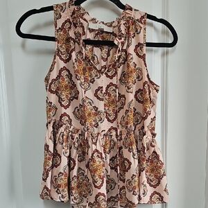 LOFT Pink And Brown Sleeveless Ruffled Peplum Blouse